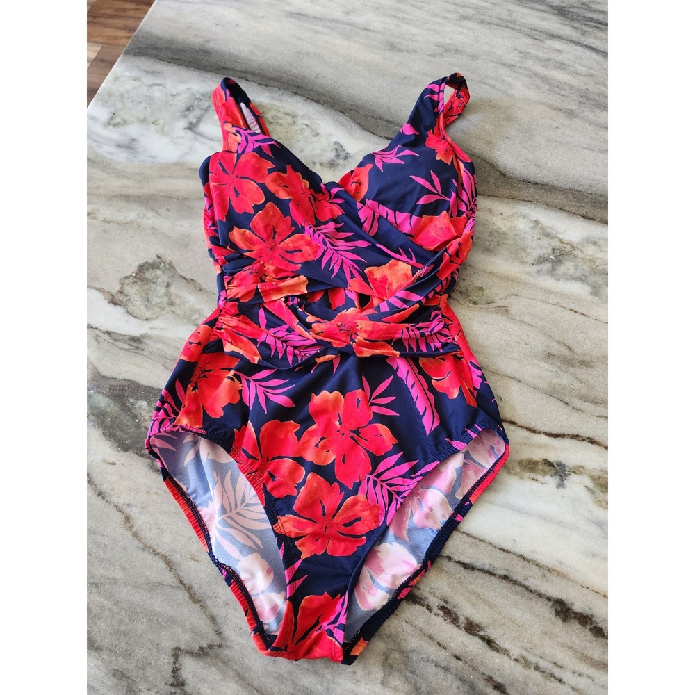 Lands End Slender Wrap Womens‎ 6L Tropical Floral Ruched Wrap One Piece Swimsuit